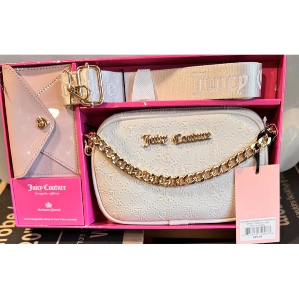 Juicy Couture Slim Camera Crossbody Bag Pink Card Case Extra Strap 3PC Set NIB